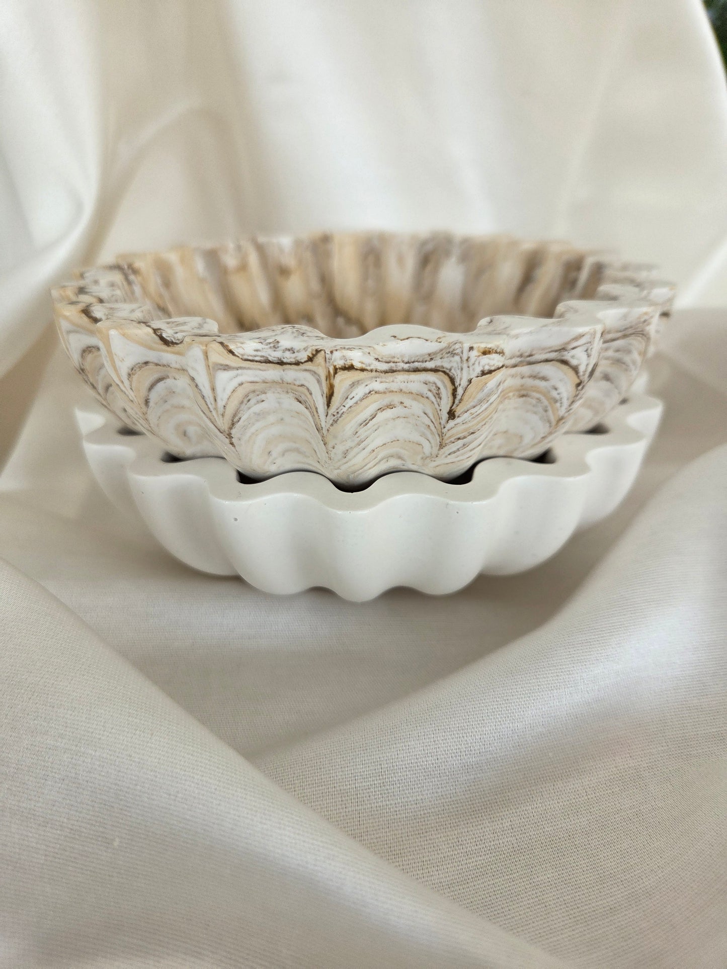 Ruffle Jesmonite Bowl - Neutral Modern Home Decor - Wavy Edge Trinket Dish
