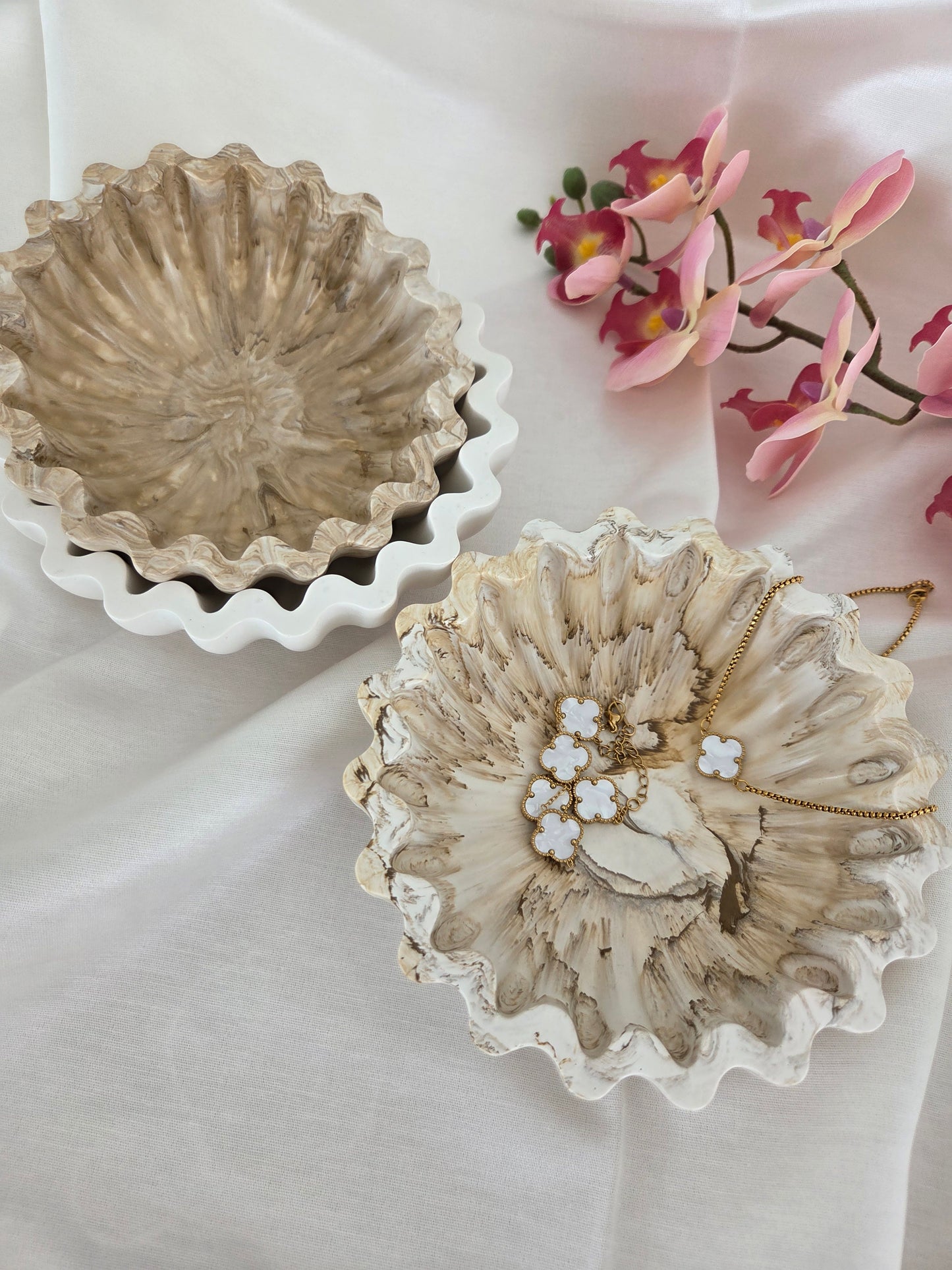 Ruffle Jesmonite Bowl - Neutral Modern Home Decor - Wavy Edge Trinket Dish