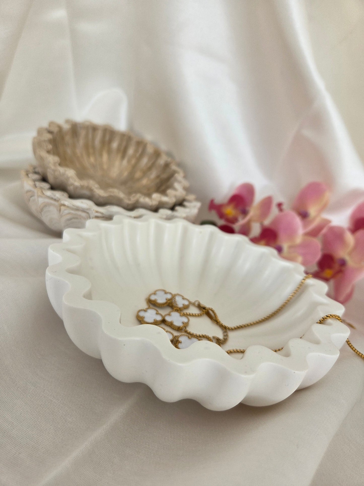 Ruffle Jesmonite Bowl - Neutral Modern Home Decor - Wavy Edge Trinket Dish