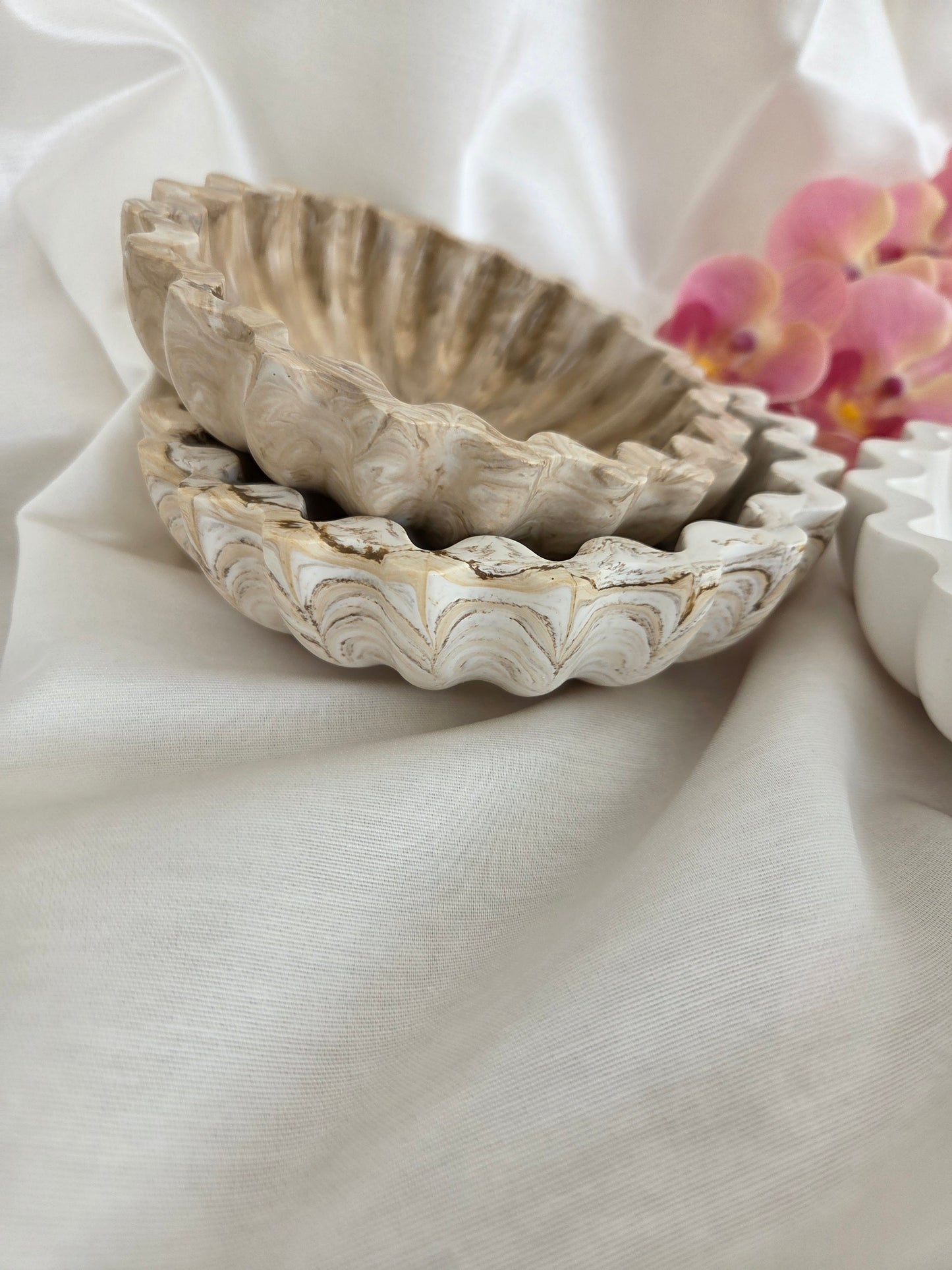 Ruffle Jesmonite Bowl - Neutral Modern Home Decor - Wavy Edge Trinket Dish